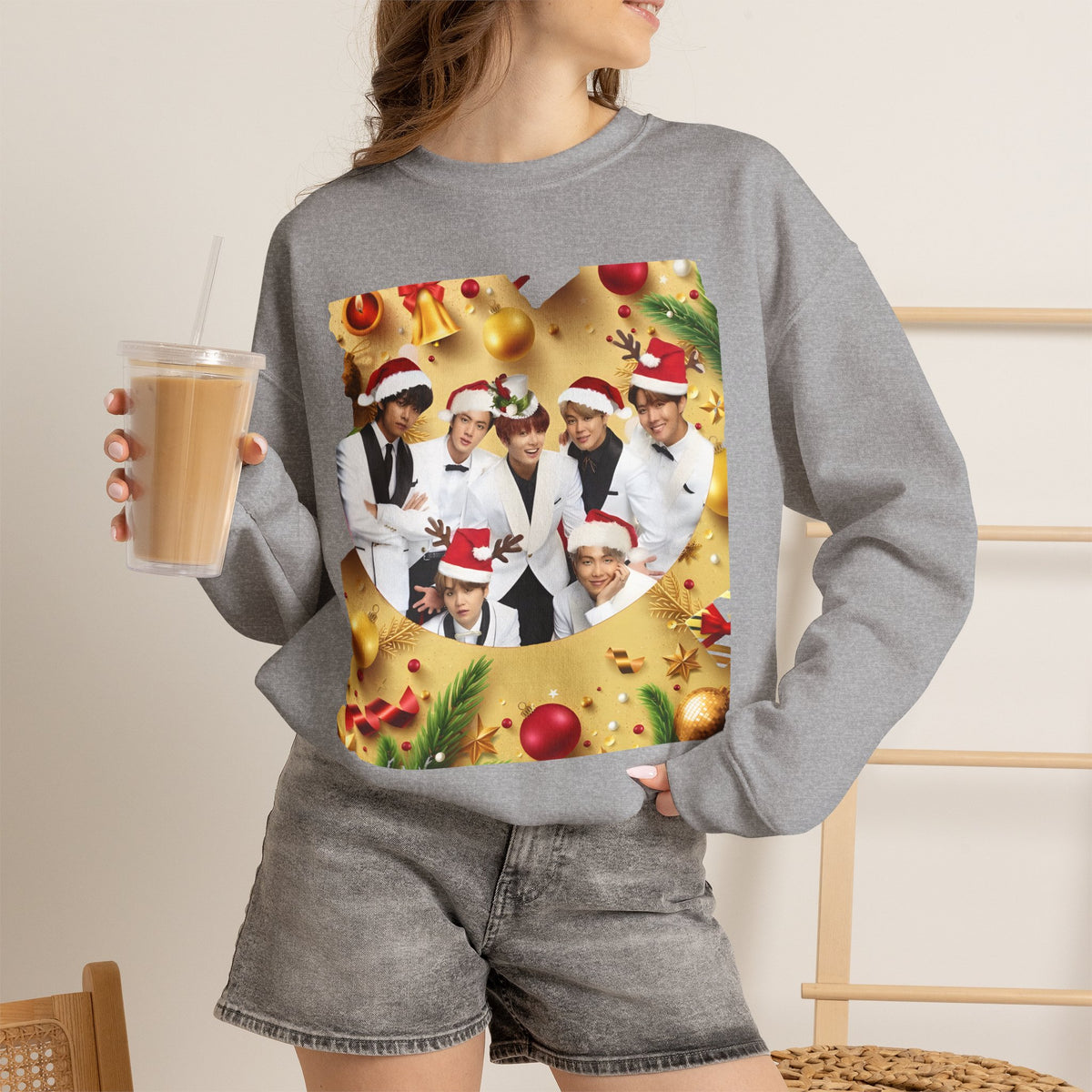 BTS Group Holiday Crewneck Sweatshirt — Festive Santa Hats Photo Design