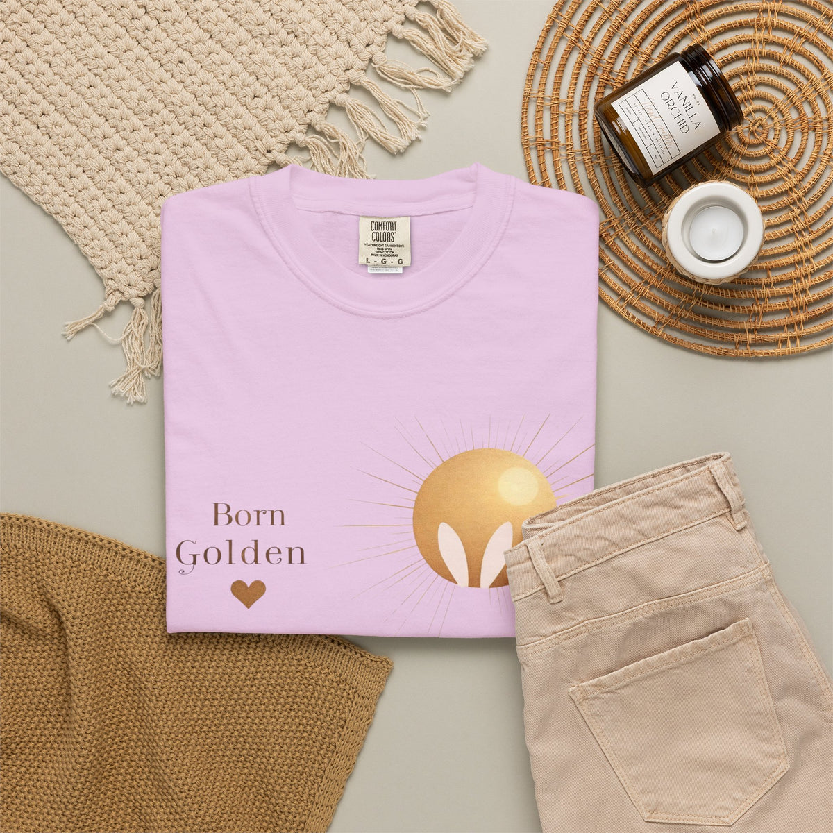 JK Born Golden Tee — Minimal Sun Badge Graphic T-Shirt