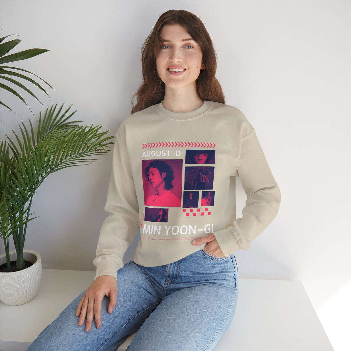 Suga Retro Photo Collage Sweatshirt — Pink Neon Portrait Crewneck