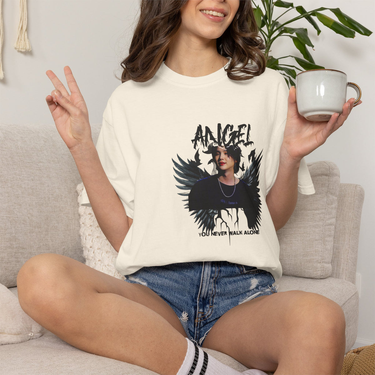 Angel Wings Graphic T-Shirt — 'Angel' Photo Tee with Dark Wing Illustration