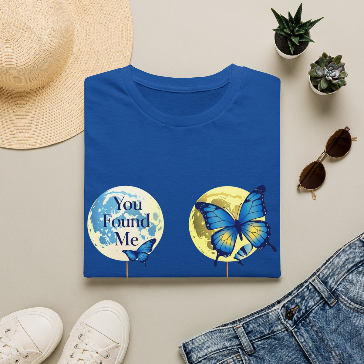 T-Shirt — 'You Found Me' Blue & Yellow Butterfly Graphic