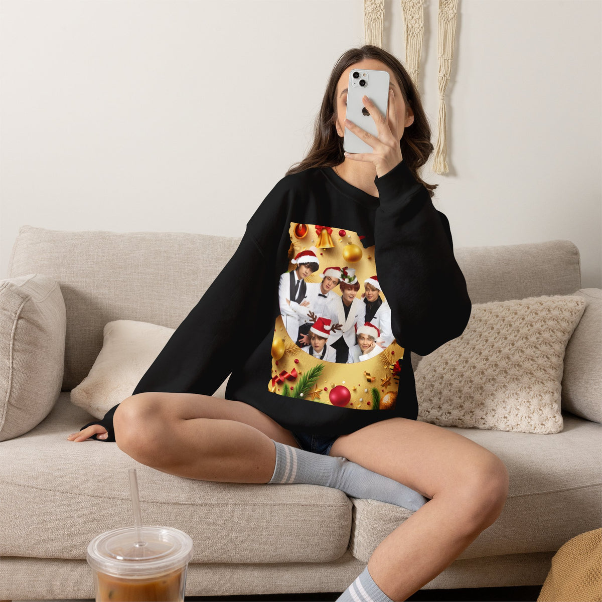 BTS Group Holiday Crewneck Sweatshirt — Festive Santa Hats Photo Design