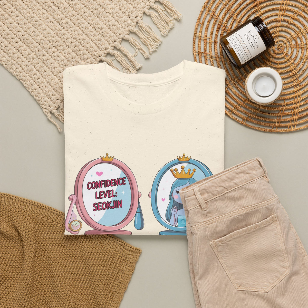 JIN Level Shirt — Cute Pink & Blue Mirrors Graphic Tee ("Comfort Level: Secure")