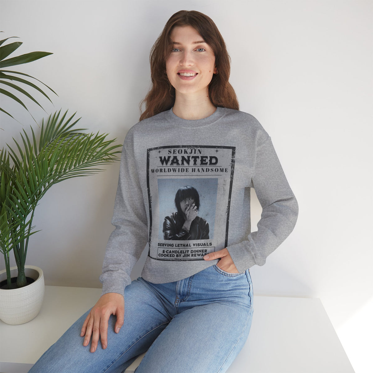 Crewneck Sweatshirt — 'Seojin Wanted: Worldwide Handsome' Vintage Poster Graphic