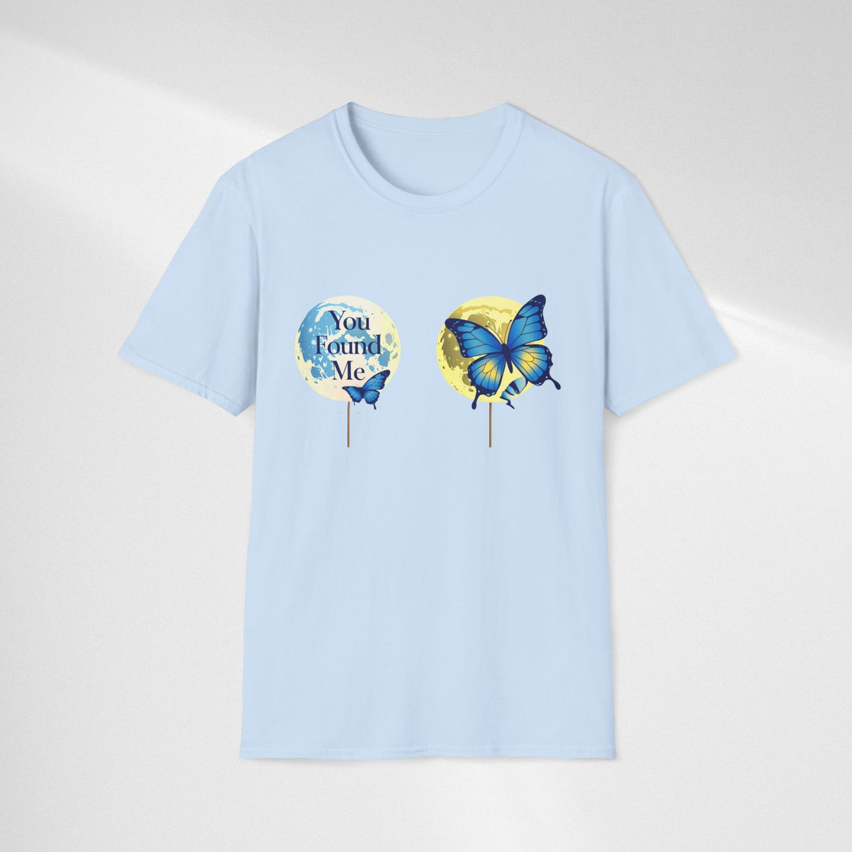 T-Shirt — 'You Found Me' Blue & Yellow Butterfly Graphic