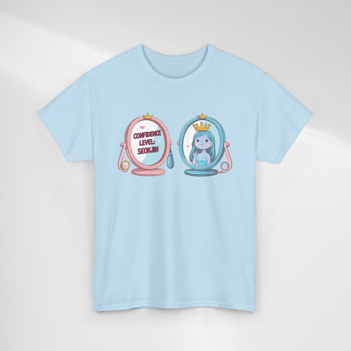 JIN Level Shirt — Cute Pink & Blue Mirrors Graphic Tee ("Comfort Level: Secure")
