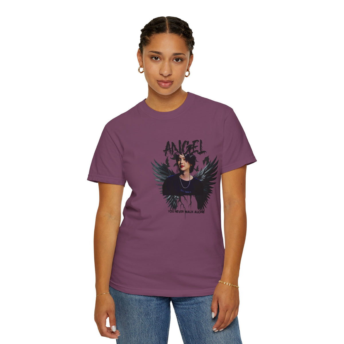 Angel Wings Graphic T-Shirt — 'Angel' Photo Tee with Dark Wing Illustration