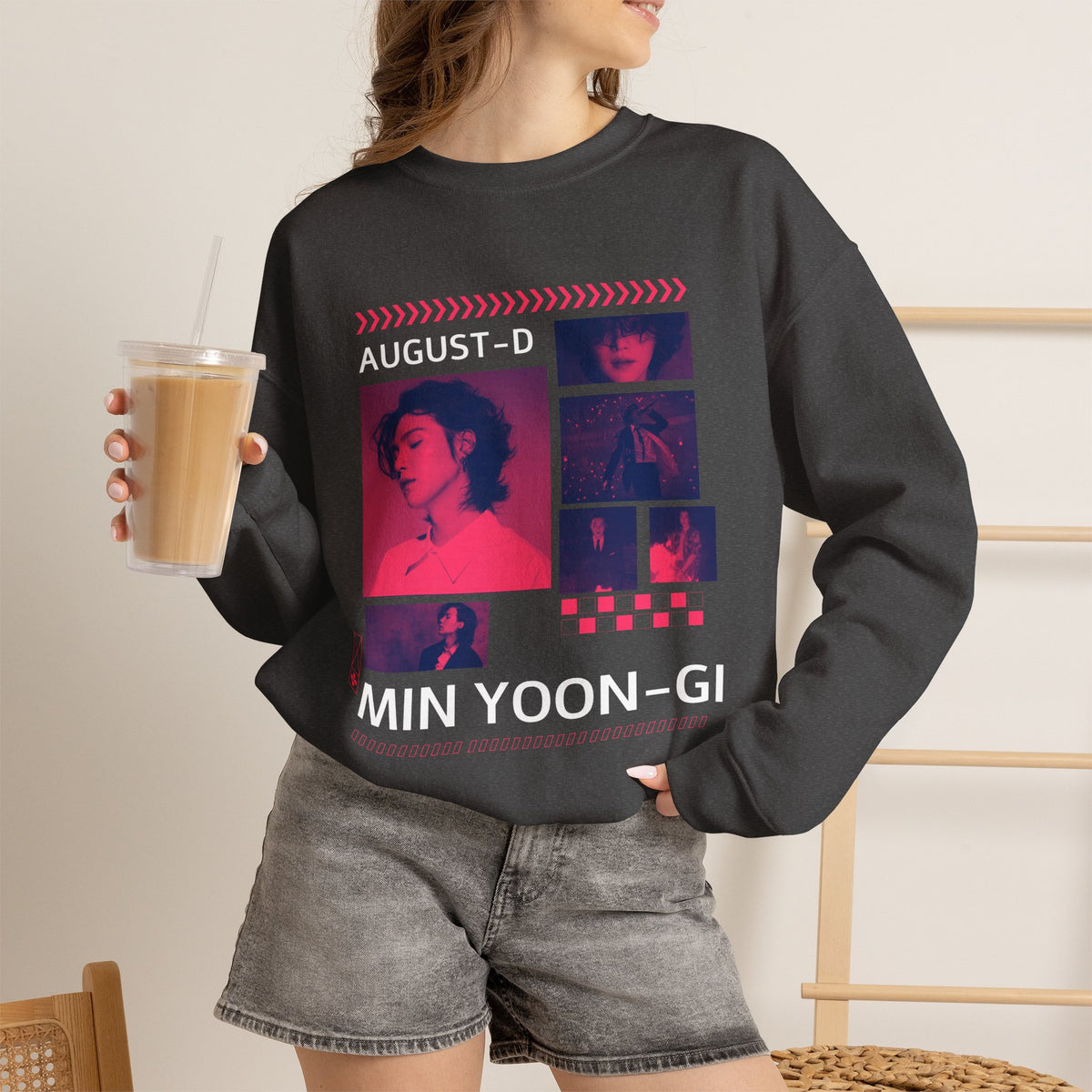 Suga Retro Photo Collage Sweatshirt — Pink Neon Portrait Crewneck