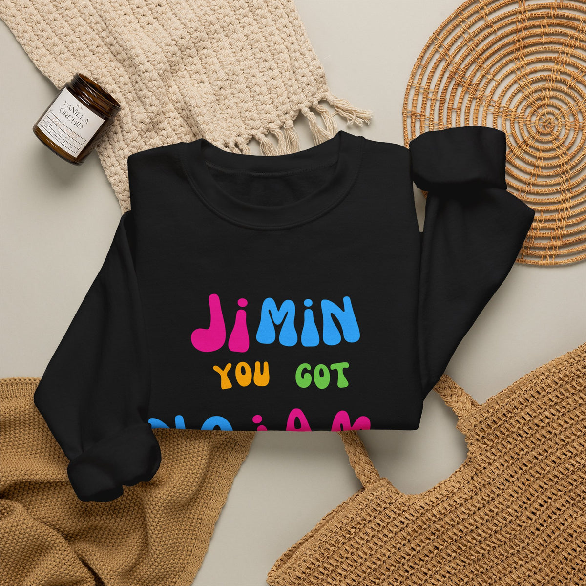 Crewneck Sweatshirt — "JIMIN You Got No Jams" Colorful K-Pop Fan Pullover