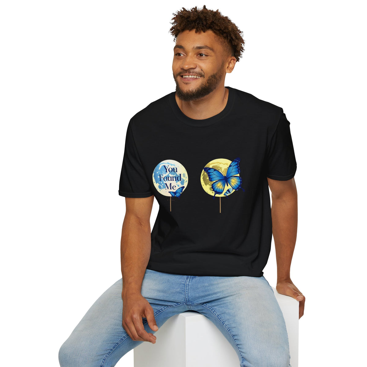 T-Shirt — 'You Found Me' Blue & Yellow Butterfly Graphic