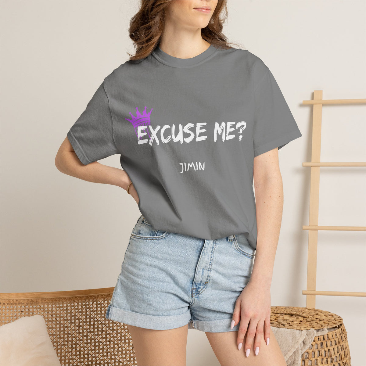 Excuse Me? Jimin T‑Shirt — BTS Fan Tee with Purple Crown Graphic
