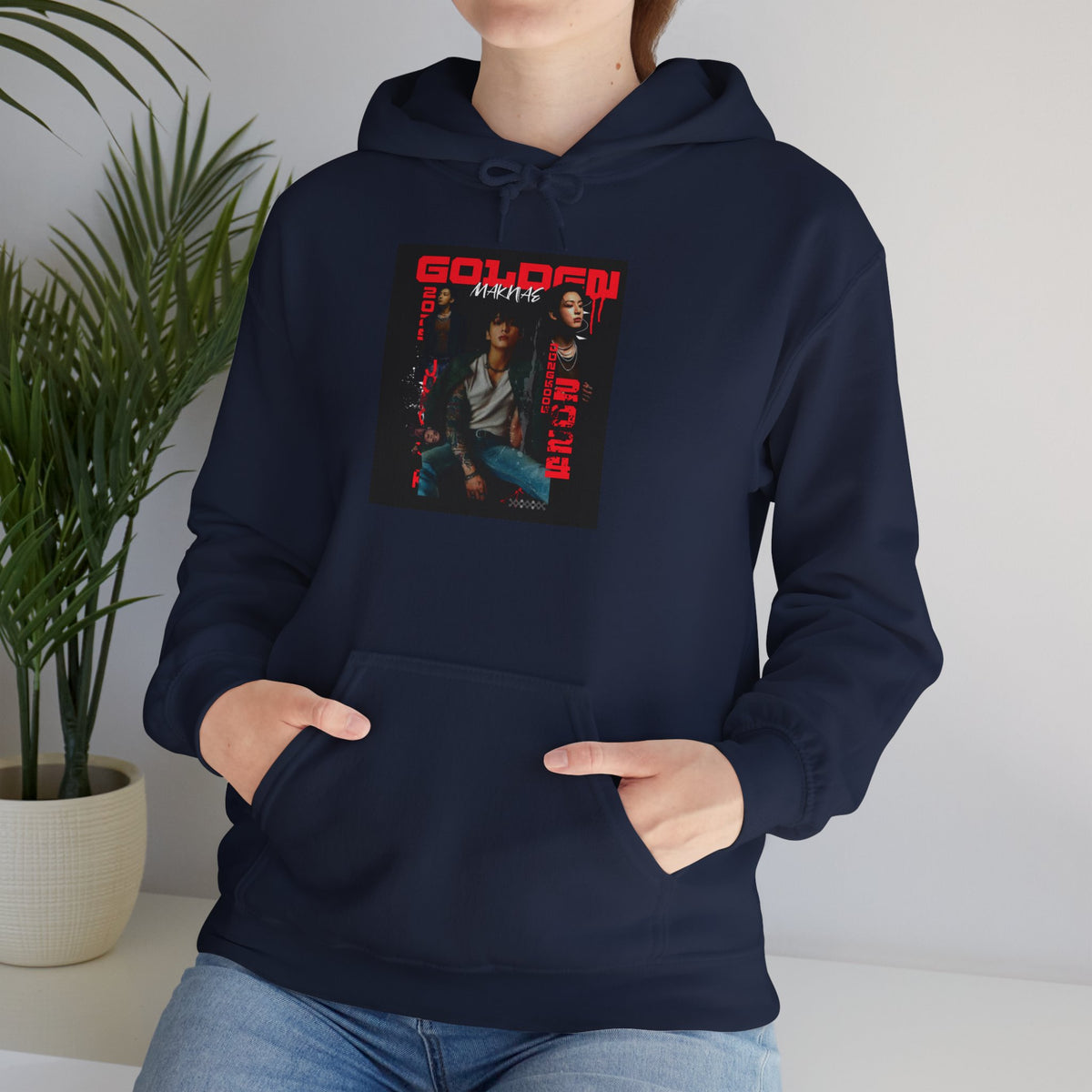 JK Hoodie - 'GOLDEN MAKNAE' Portrait Graphic Hoodie (Red Noir Band Art)