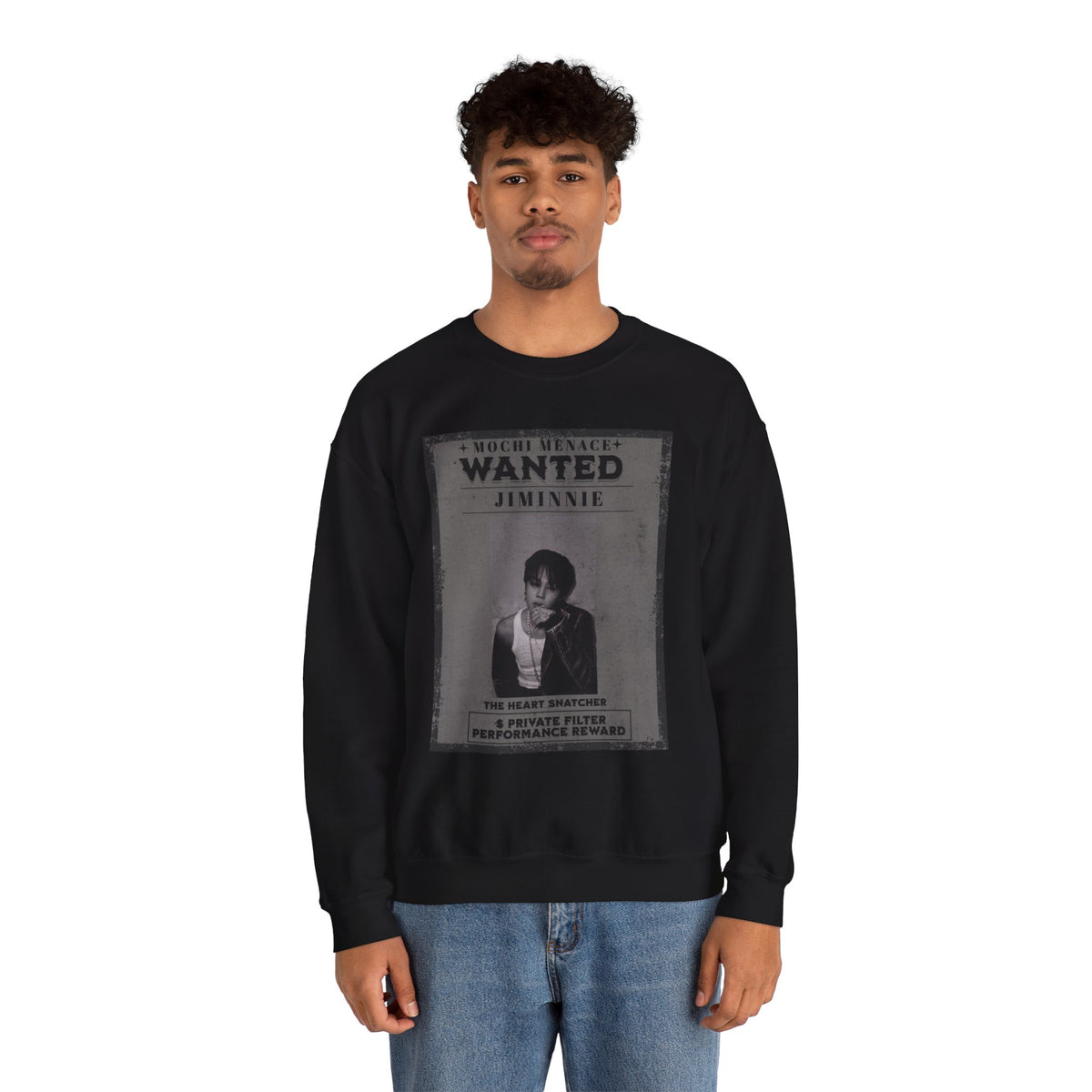 Wanted Poster Crewneck Sweatshirt — 'WANTED: Jiminie' Vintage K-Pop Graphic