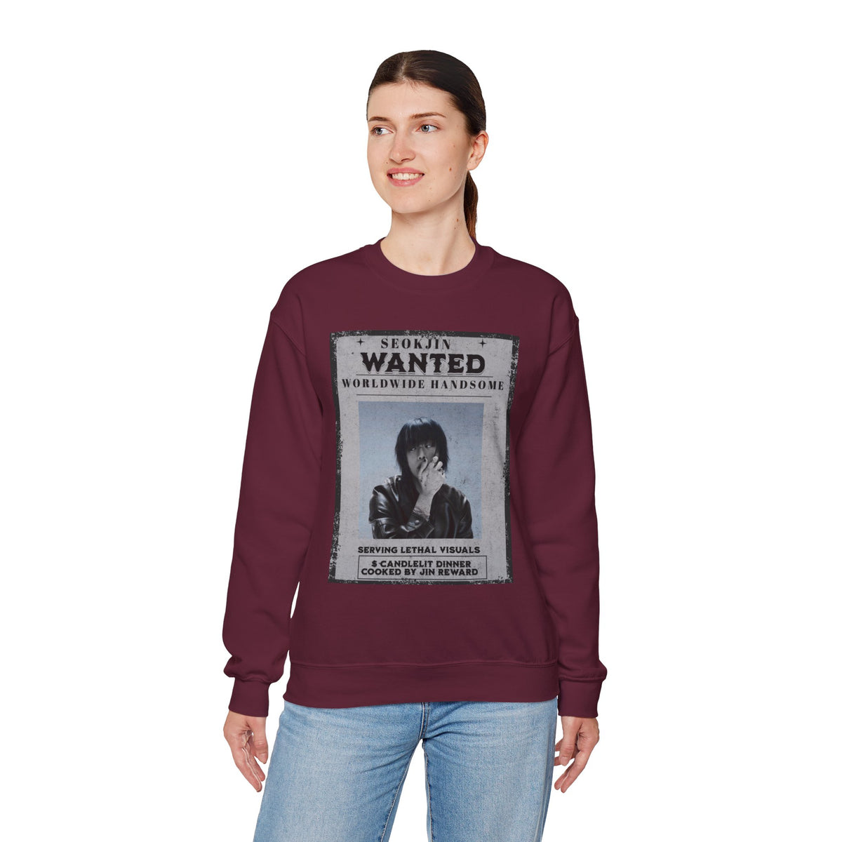 Crewneck Sweatshirt — 'Seojin Wanted: Worldwide Handsome' Vintage Poster Graphic