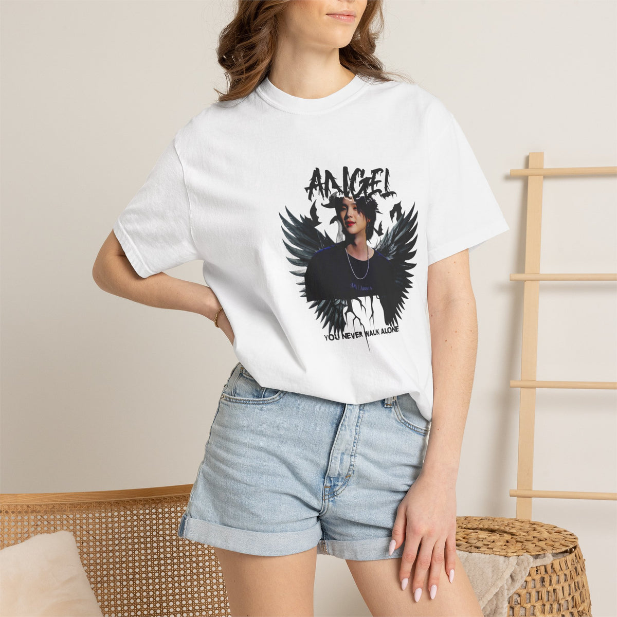 Angel Wings Graphic T-Shirt — 'Angel' Photo Tee with Dark Wing Illustration