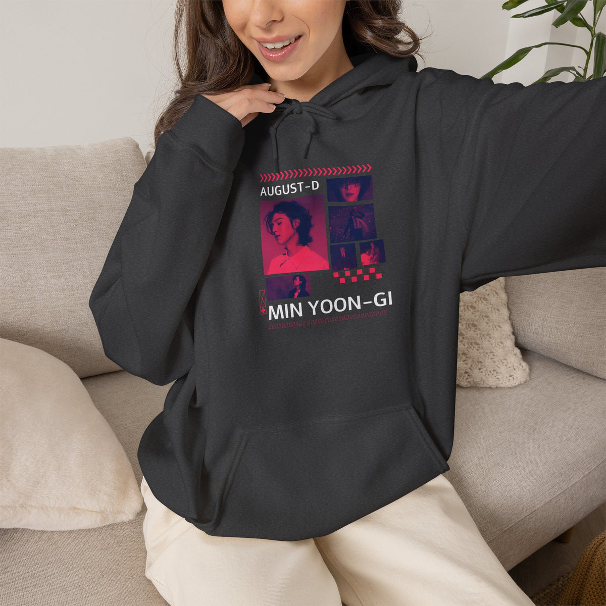 Suga Photo Collage Hoodie — Retro Pink Portraits Grid Design