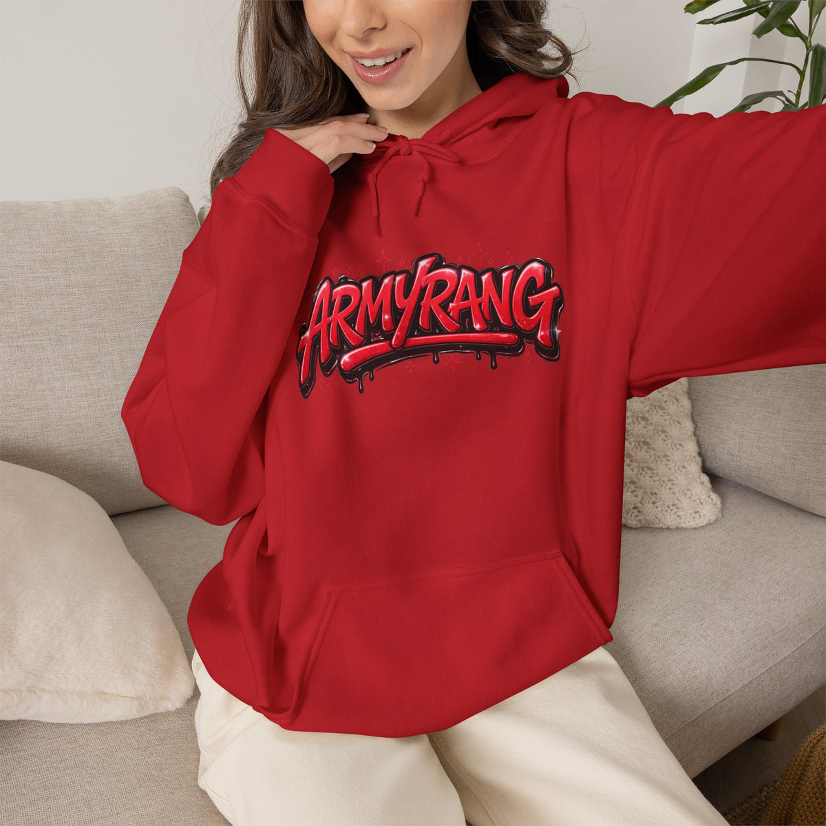 ArmyRang Graffiti Hoodie — Streetwear Pullover with Bold Red Logo