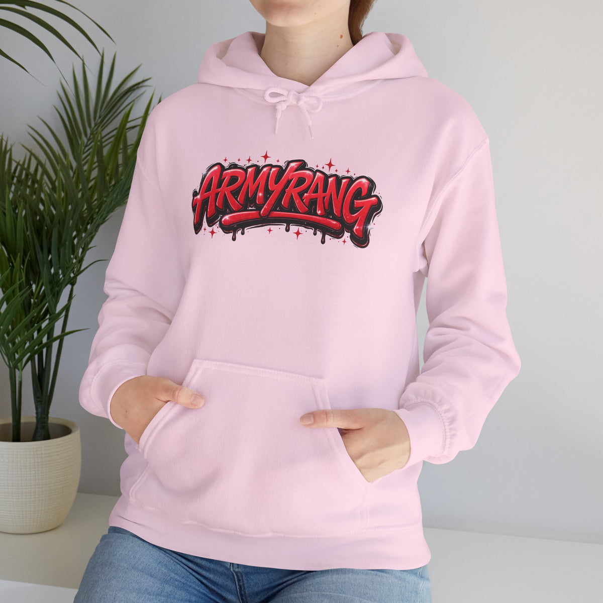 ArmyRang Graffiti Hoodie — Streetwear Pullover with Bold Red Logo