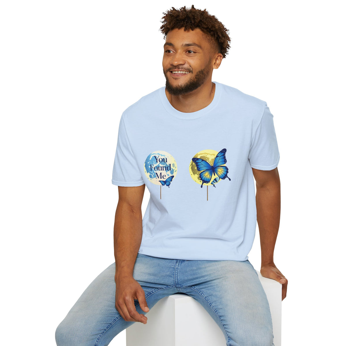 T-Shirt — 'You Found Me' Blue & Yellow Butterfly Graphic