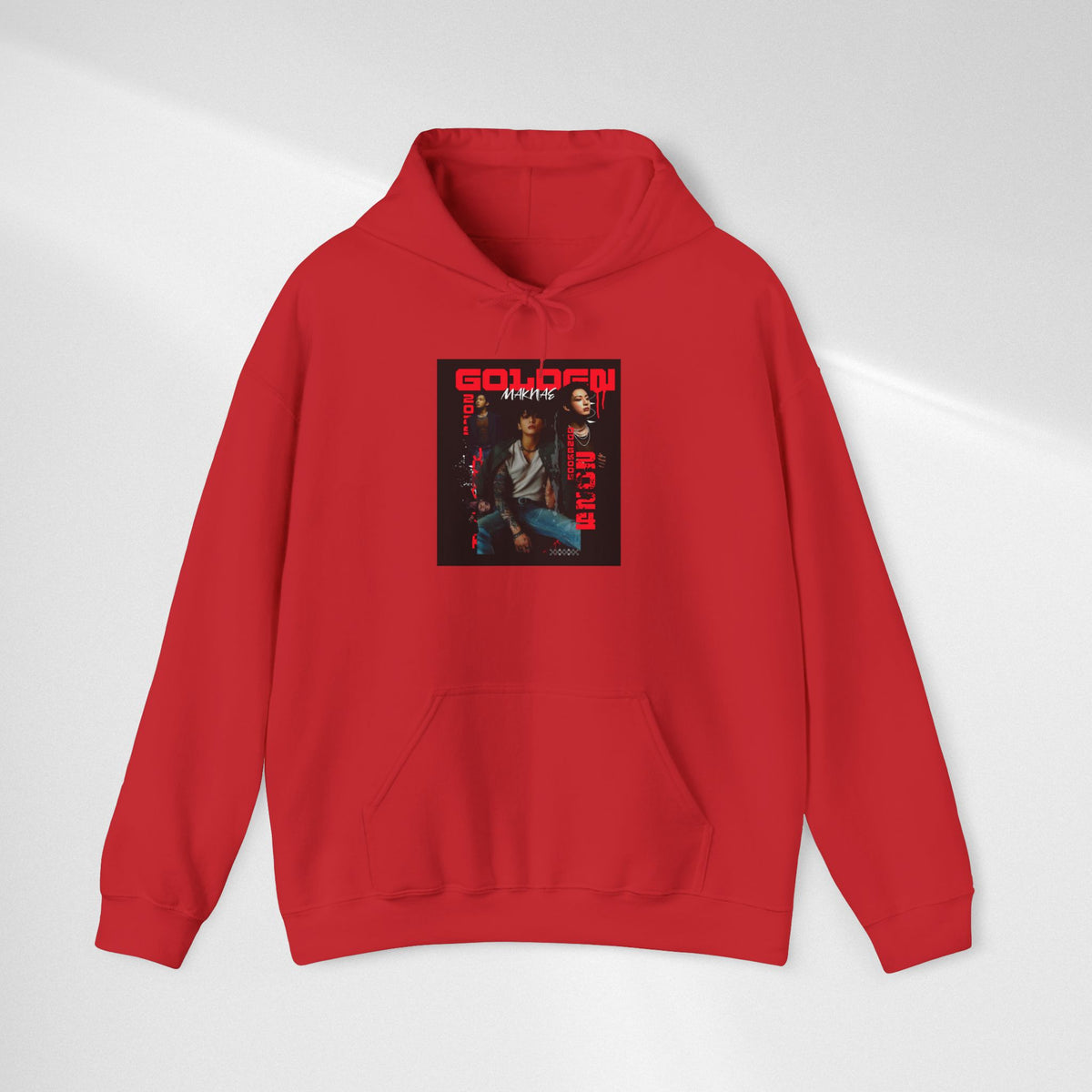 JK Hoodie - 'GOLDEN MAKNAE' Portrait Graphic Hoodie (Red Noir Band Art)