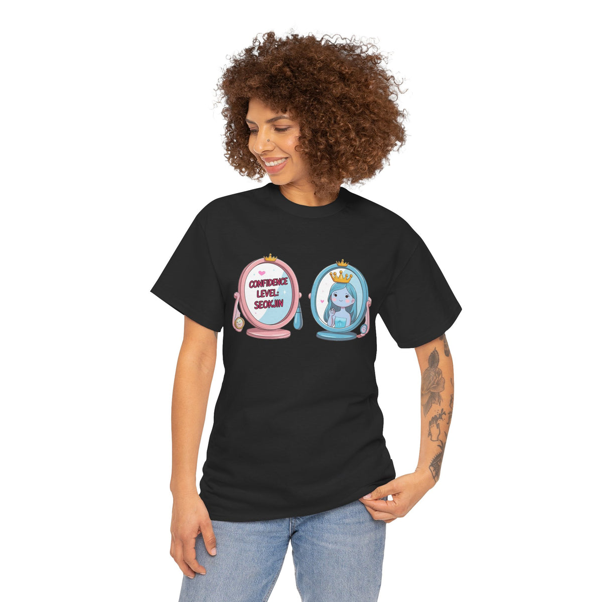 JIN Level Shirt — Cute Pink & Blue Mirrors Graphic Tee ("Comfort Level: Secure")