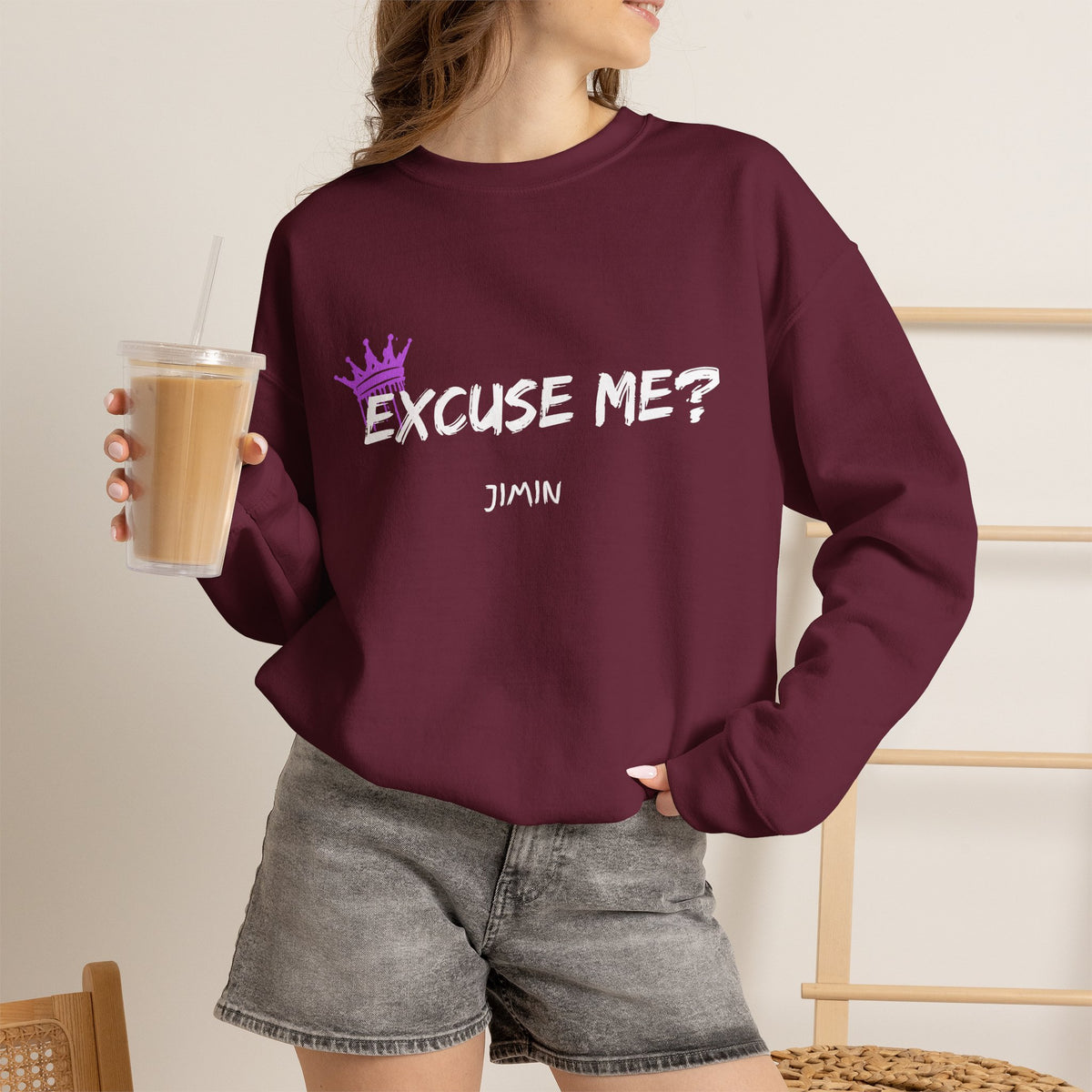 Jimin Excuse me? Purple Crown Crewneck Sweatshirt