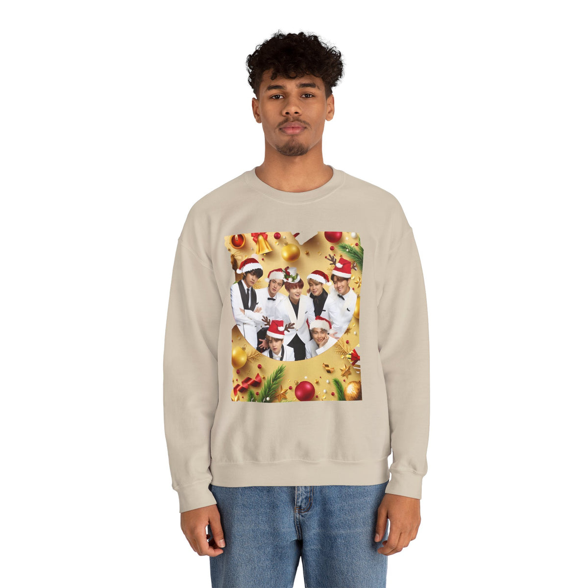 BTS Group Holiday Crewneck Sweatshirt — Festive Santa Hats Photo Design