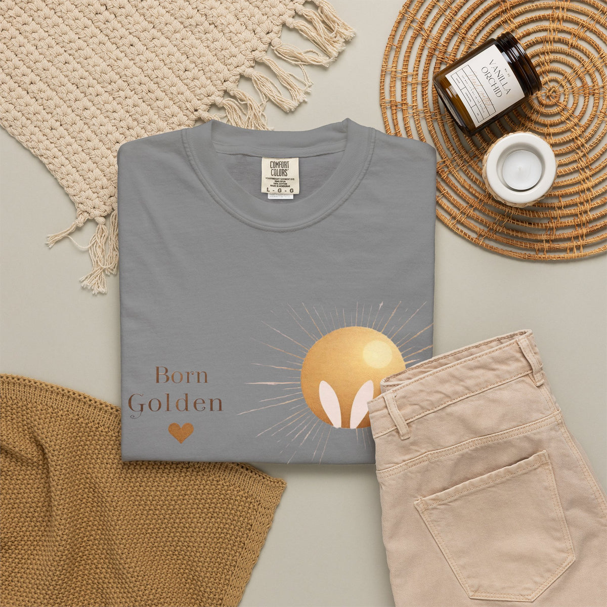 JK Born Golden Tee — Minimal Sun Badge Graphic T-Shirt
