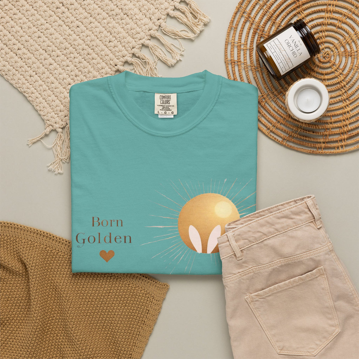 JK Born Golden Tee — Minimal Sun Badge Graphic T-Shirt