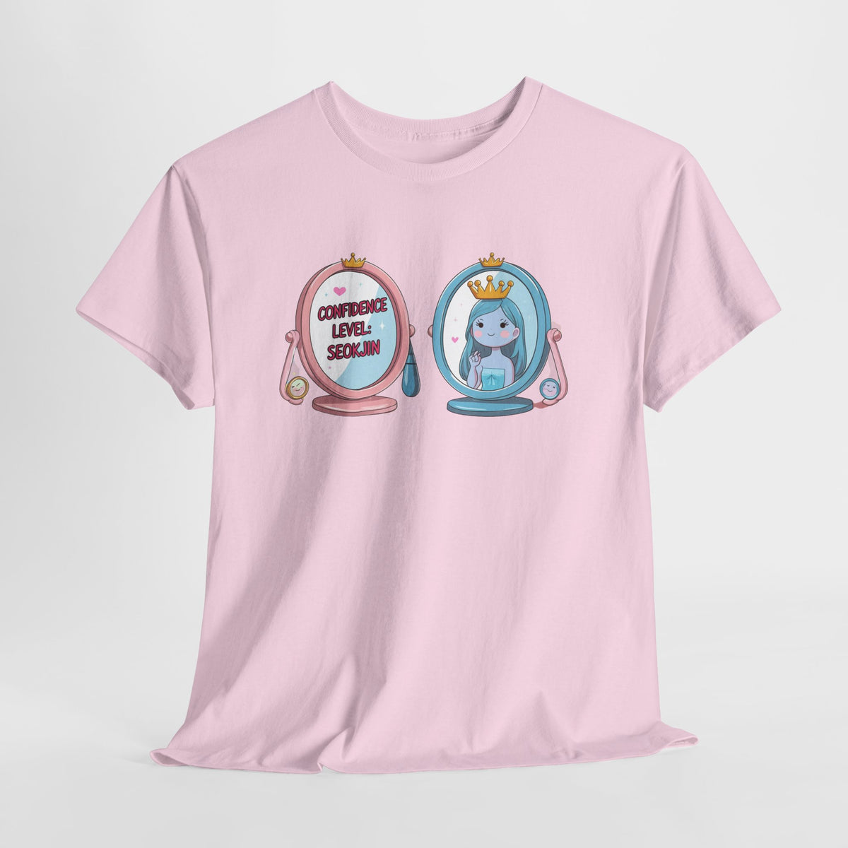 JIN Level Shirt — Cute Pink & Blue Mirrors Graphic Tee ("Comfort Level: Secure")