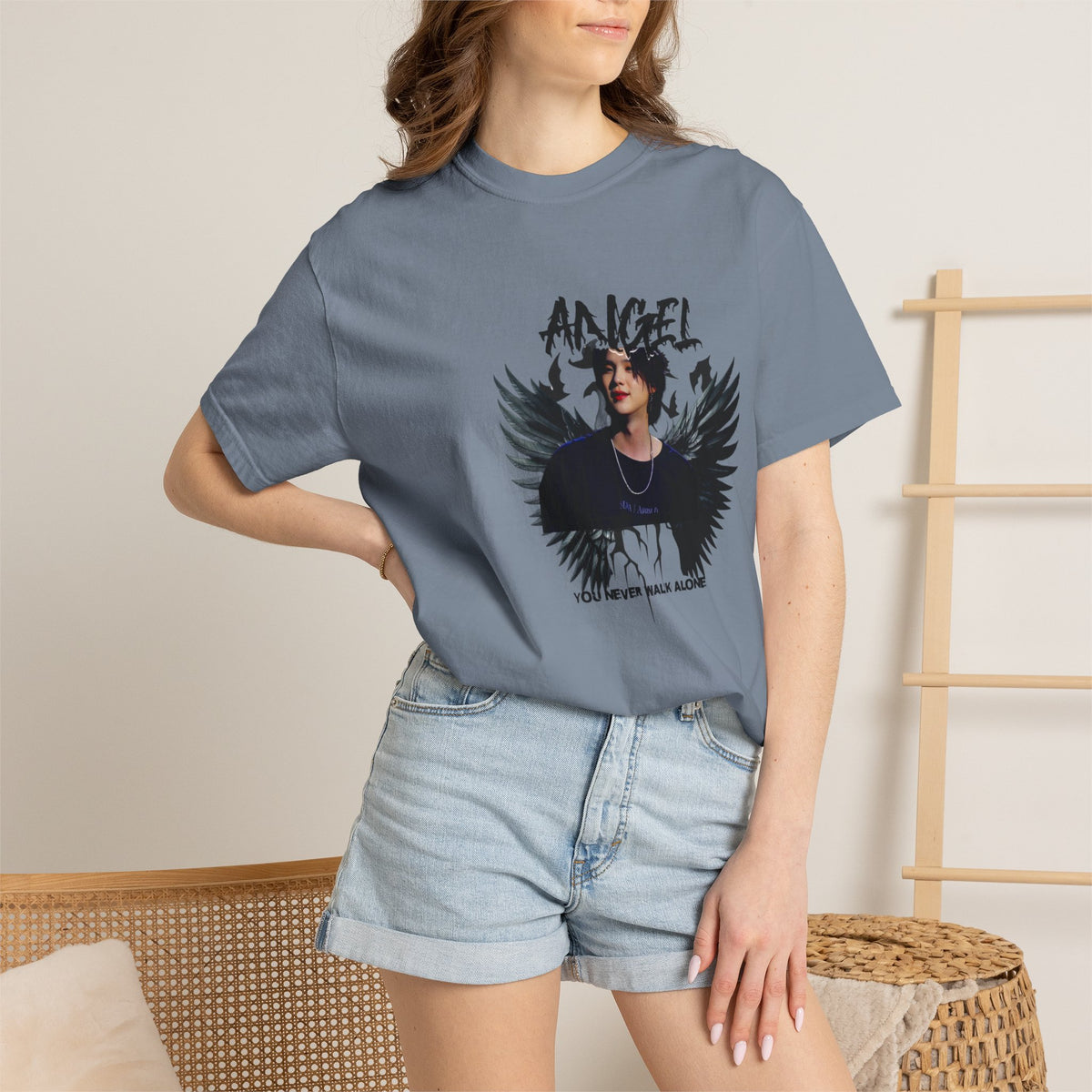 Angel Wings Graphic T-Shirt — 'Angel' Photo Tee with Dark Wing Illustration