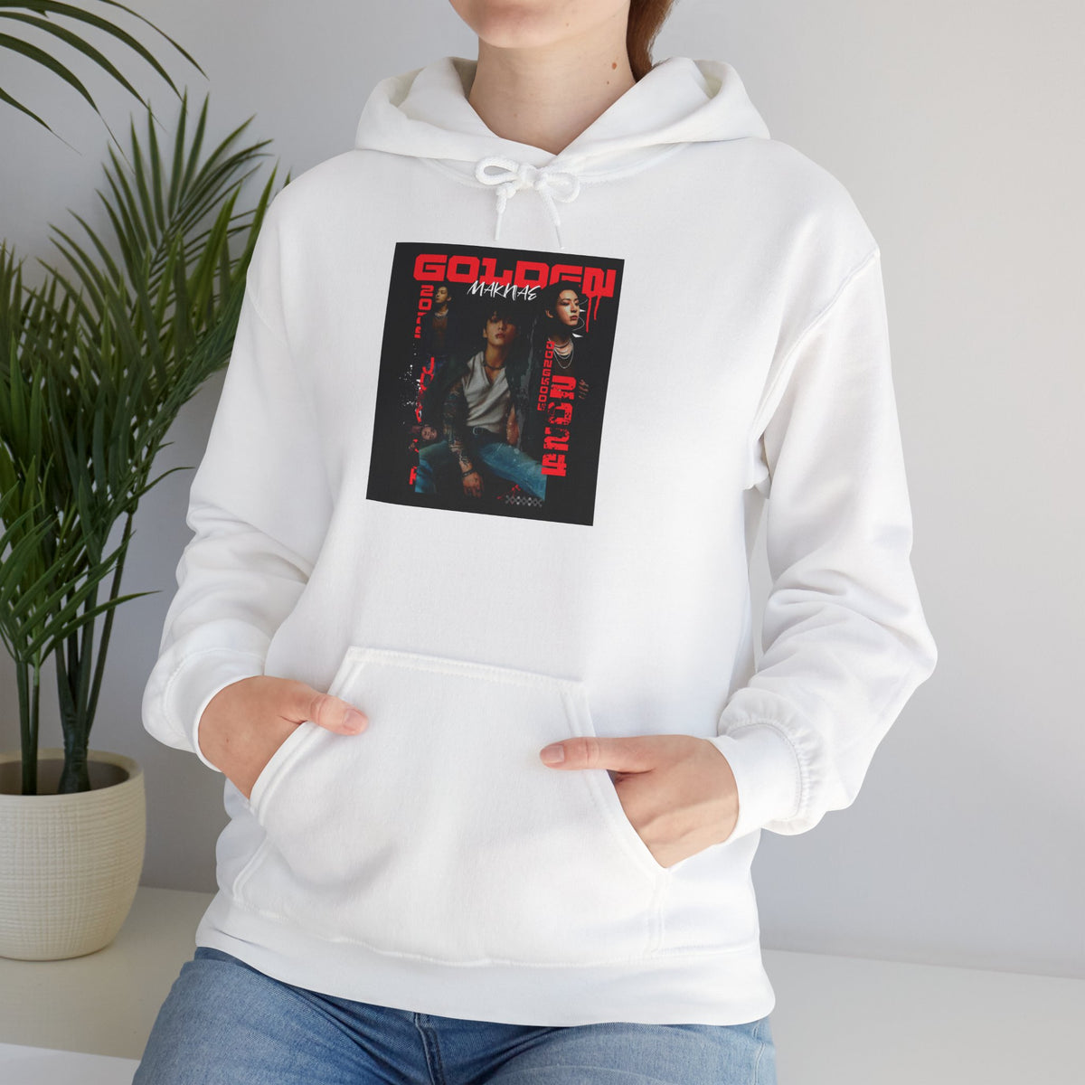 JK Hoodie - 'GOLDEN MAKNAE' Portrait Graphic Hoodie (Red Noir Band Art)