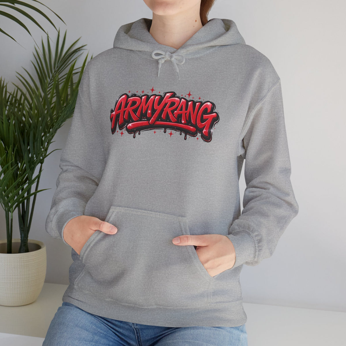 ArmyRang Graffiti Hoodie — Streetwear Pullover with Bold Red Logo
