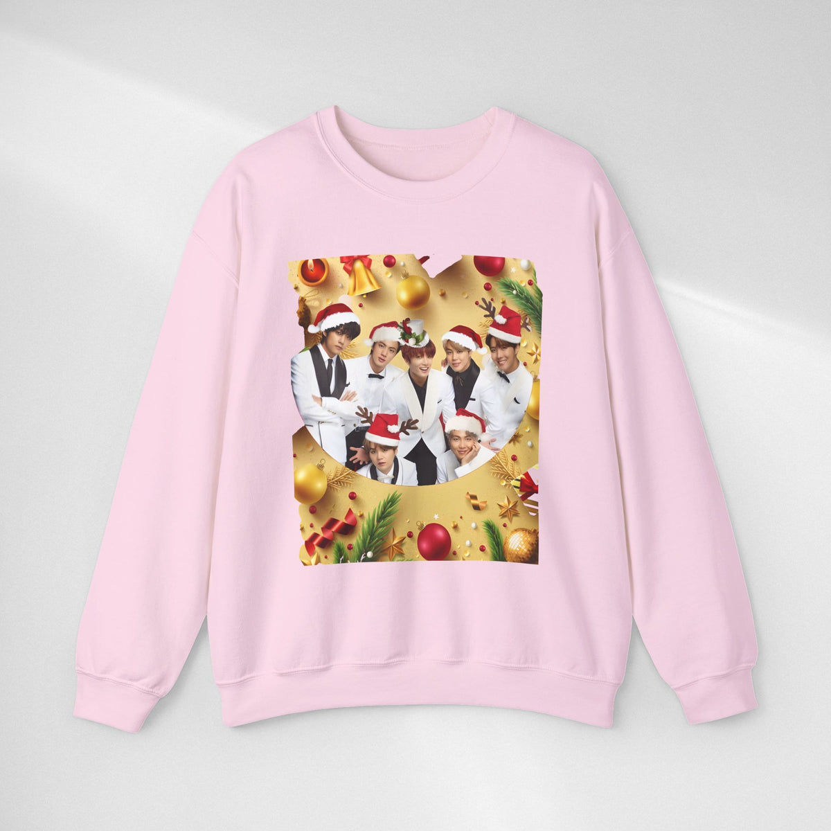 BTS Group Holiday Crewneck Sweatshirt — Festive Santa Hats Photo Design