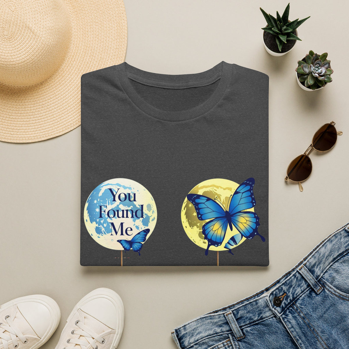 T-Shirt — 'You Found Me' Blue & Yellow Butterfly Graphic