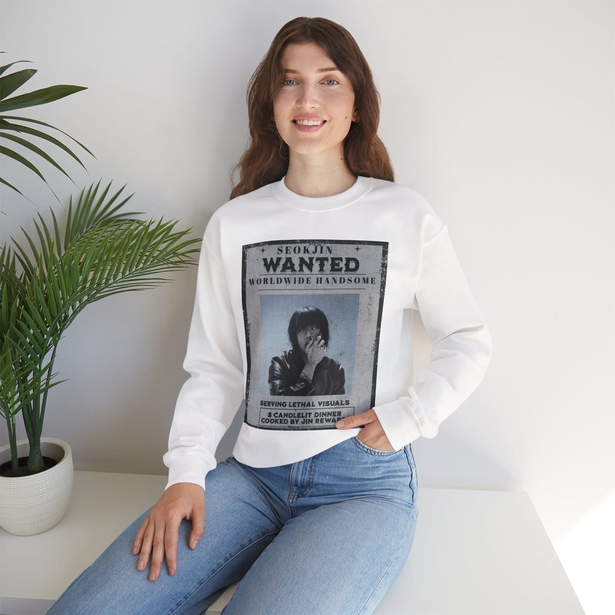 Crewneck Sweatshirt — 'Seojin Wanted: Worldwide Handsome' Vintage Poster Graphic