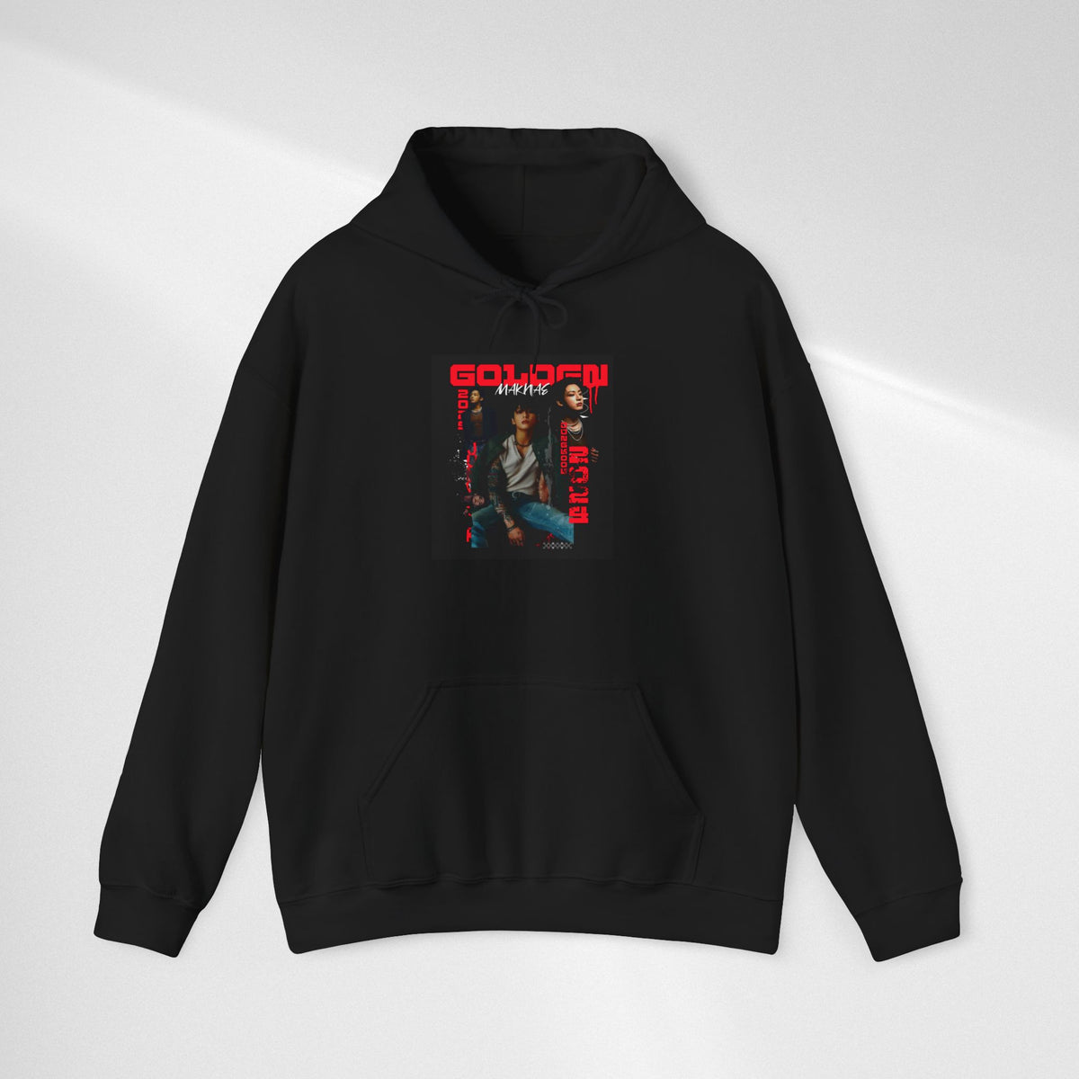 JK Hoodie - 'GOLDEN MAKNAE' Portrait Graphic Hoodie (Red Noir Band Art)