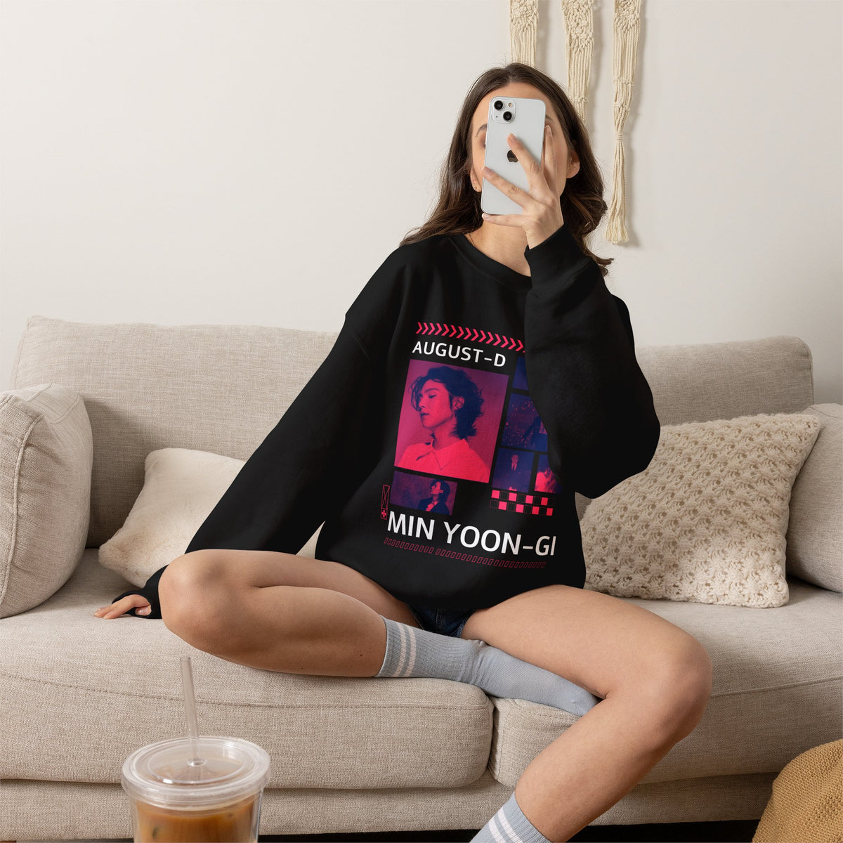 Suga Retro Photo Collage Sweatshirt — Pink Neon Portrait Crewneck