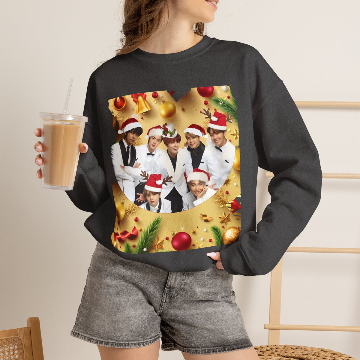 BTS Group Holiday Crewneck Sweatshirt — Festive Santa Hats Photo Design