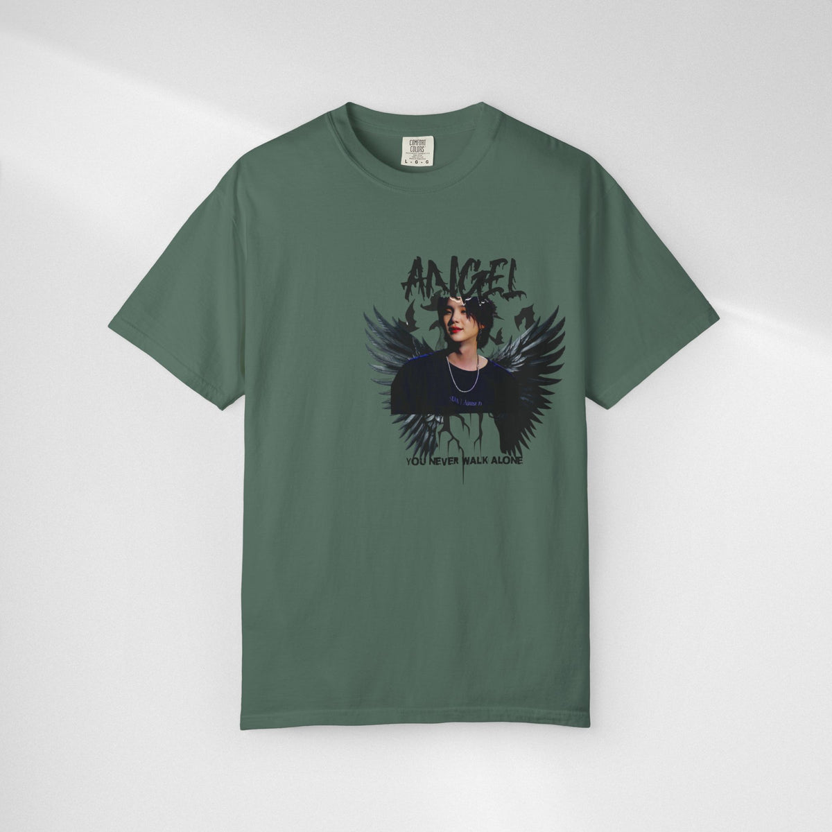 Angel Wings Graphic T-Shirt — 'Angel' Photo Tee with Dark Wing Illustration