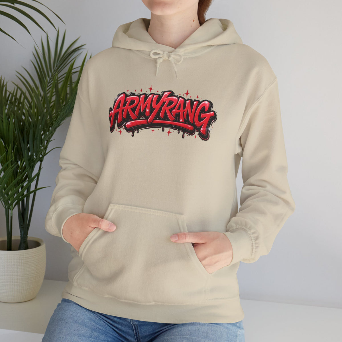 ArmyRang Graffiti Hoodie — Streetwear Pullover with Bold Red Logo
