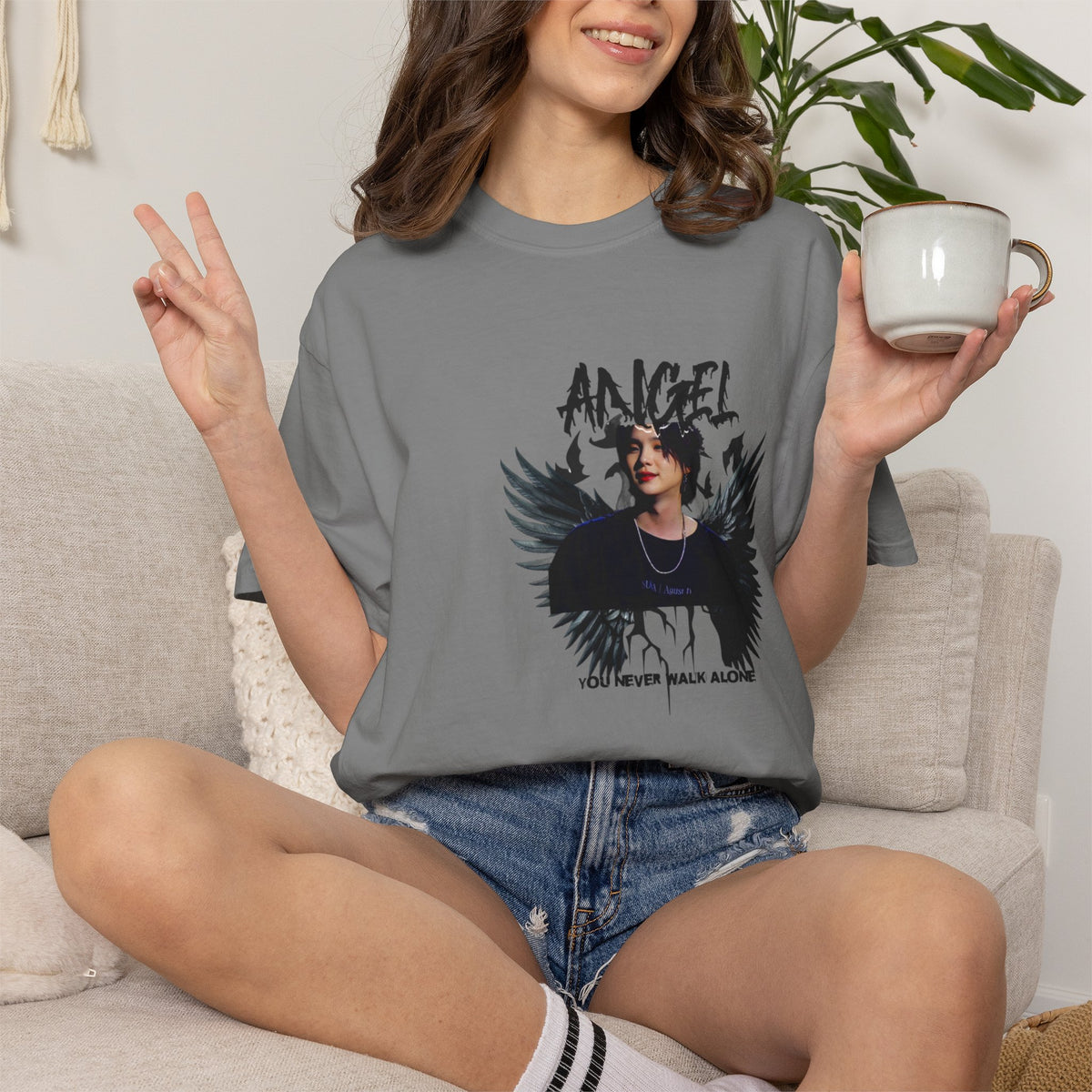 Angel Wings Graphic T-Shirt — 'Angel' Photo Tee with Dark Wing Illustration