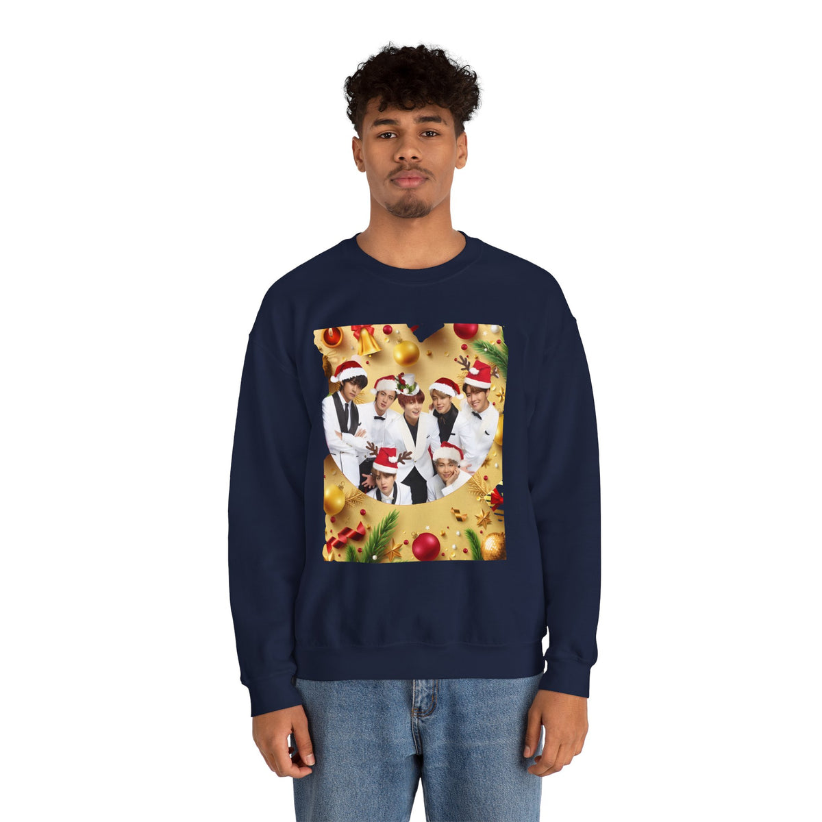 BTS Group Holiday Crewneck Sweatshirt — Festive Santa Hats Photo Design