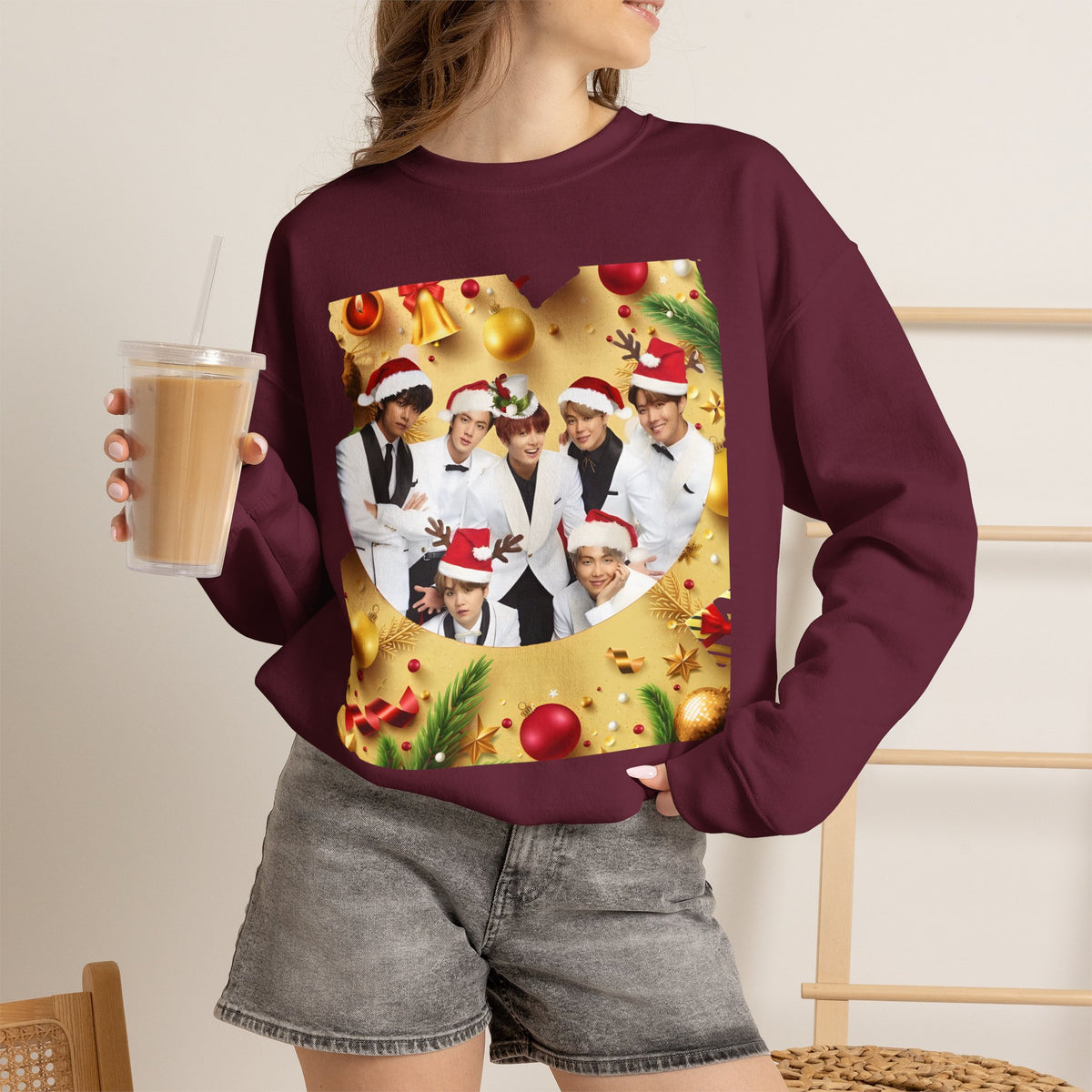 BTS Group Holiday Crewneck Sweatshirt — Festive Santa Hats Photo Design