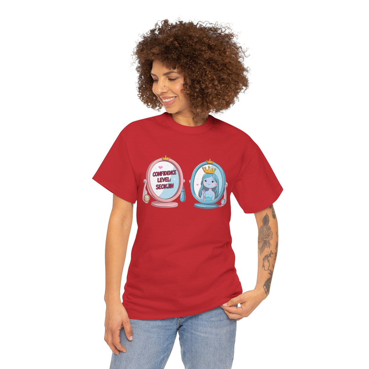 JIN Level Shirt — Cute Pink & Blue Mirrors Graphic Tee ("Comfort Level: Secure")
