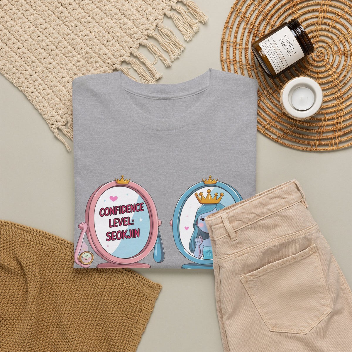 JIN Level Shirt — Cute Pink & Blue Mirrors Graphic Tee ("Comfort Level: Secure")
