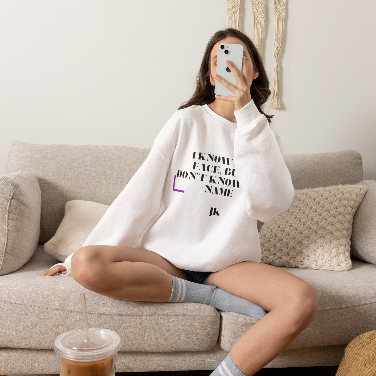 Crewneck Sweatshirt — “I Know Her Face, But I Don’t Know Her Name” Minimal Graphic