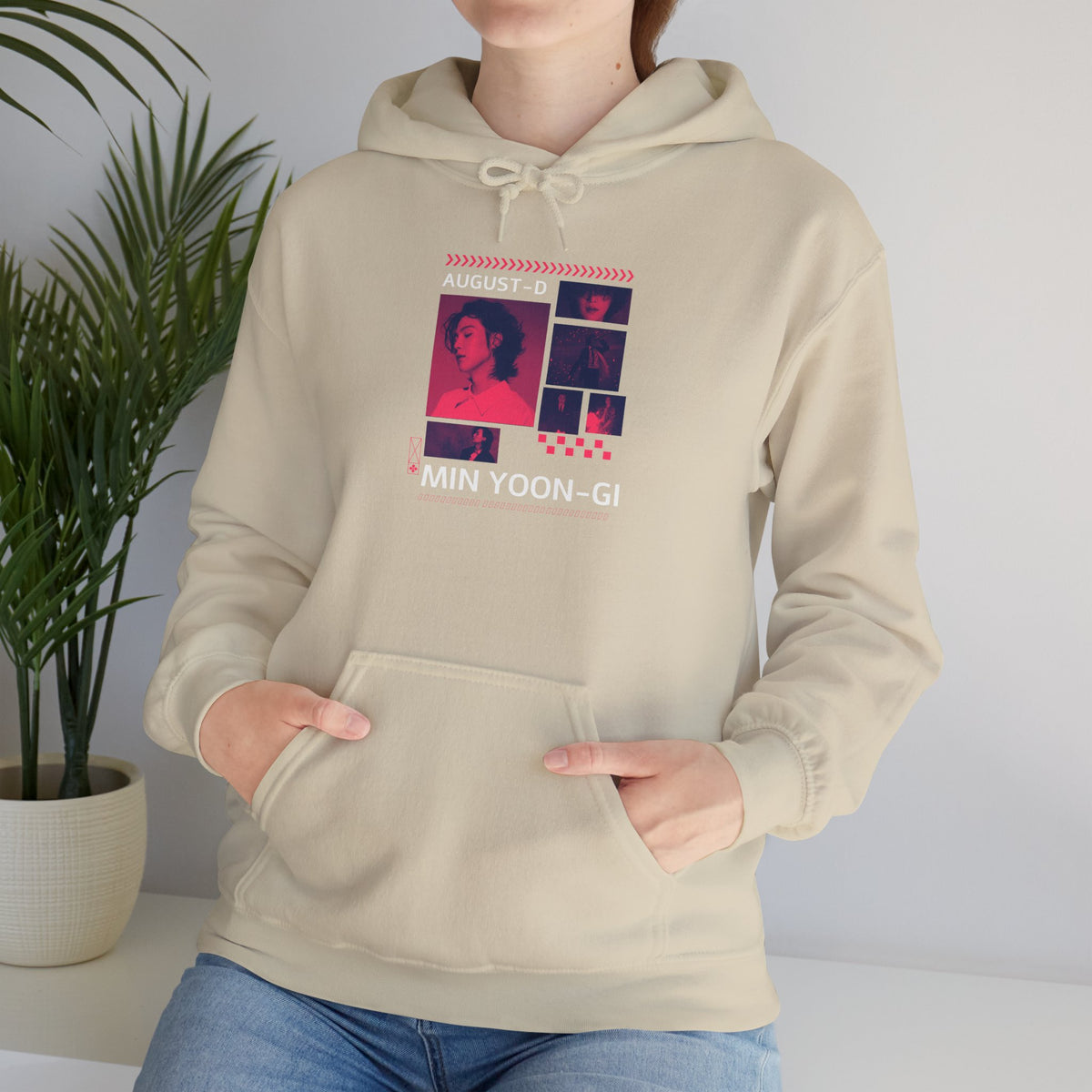 Suga Photo Collage Hoodie — Retro Pink Portraits Grid Design
