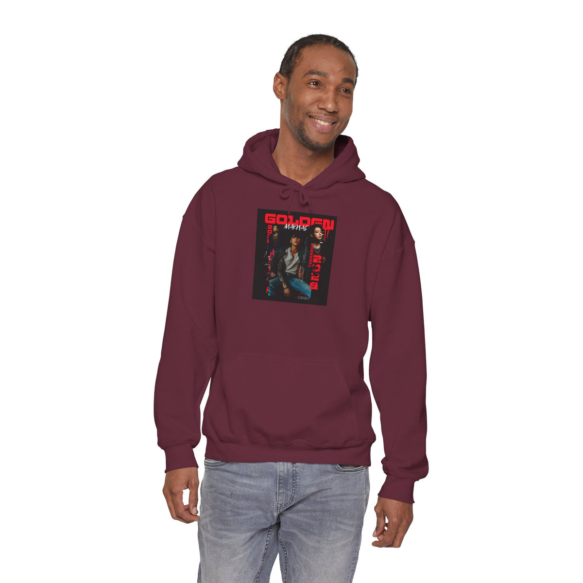 JK Hoodie - 'GOLDEN MAKNAE' Portrait Graphic Hoodie (Red Noir Band Art)
