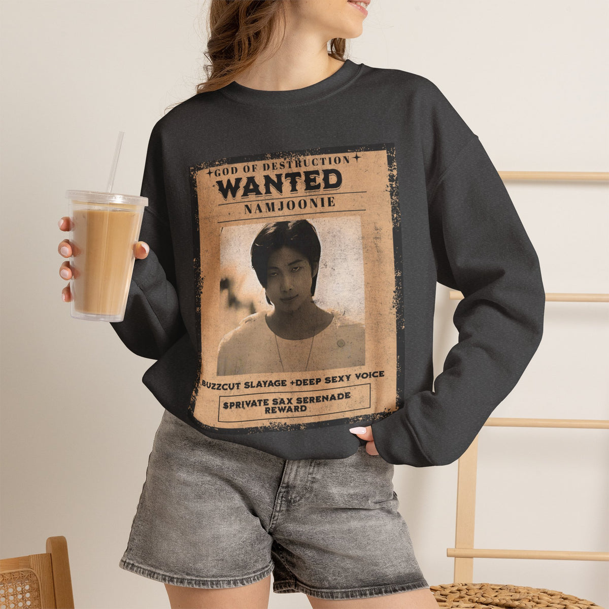 Wanted Poster Crewneck Sweatshirt — 'Wanted: Namjoonie' Vintage K-Pop Graphic